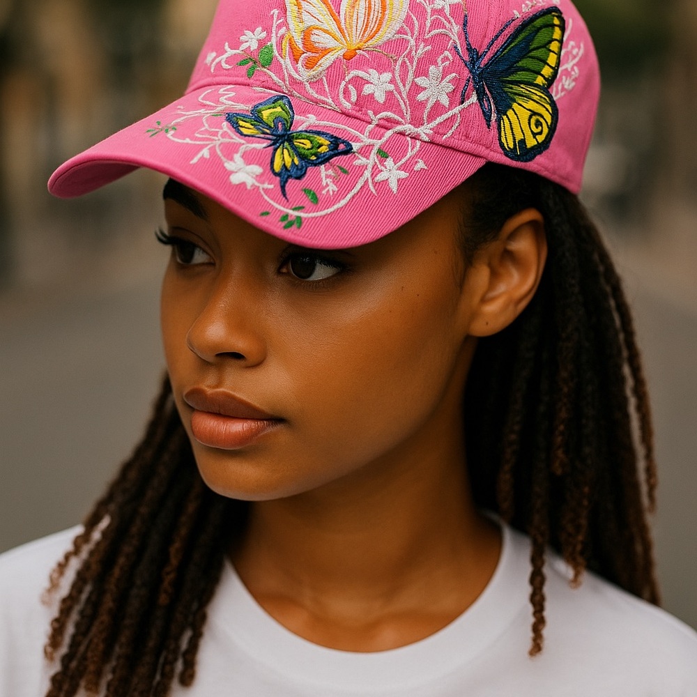 New, Flower & Butterfly Embroidered Floral Cap. Pink or white - Picture 2 of 13